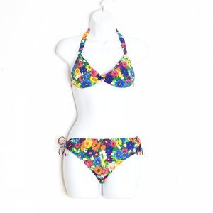 vintage 60s bikini swimsuit watercolor floral print two piece colorful mod XS S